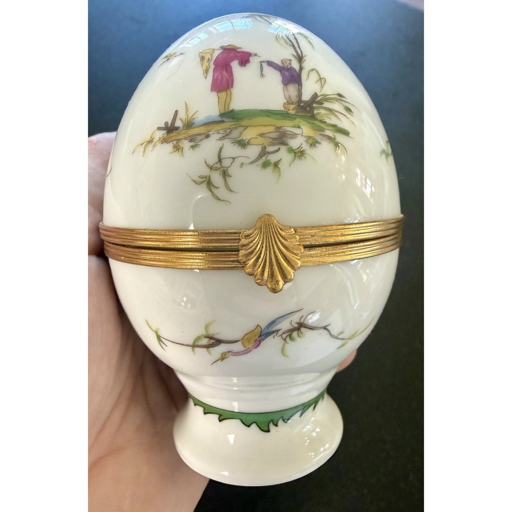 A. Raynaud Limoges France Si Kiang Porcelain Egg Trinket Box Hinged RARE VTG